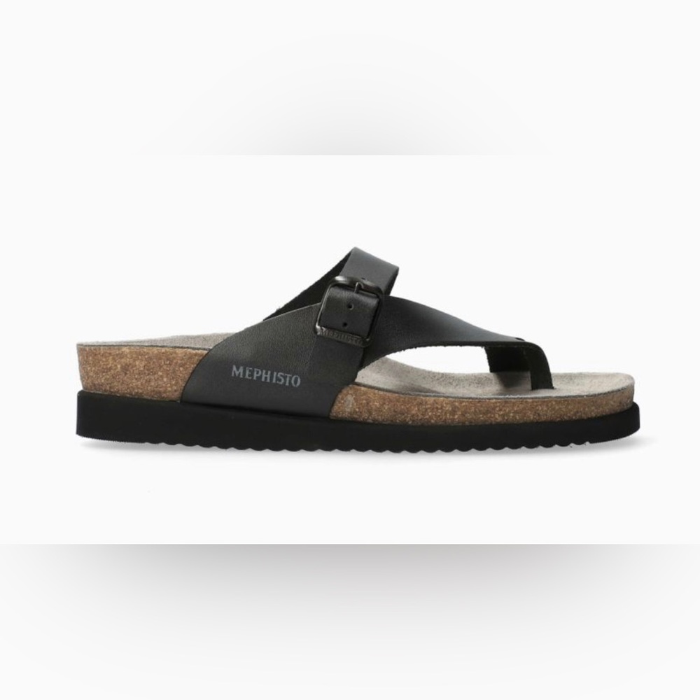 Mephisto Helen Buckle Detail Leather Casual Slide Sandals Black Oiled Leather 9